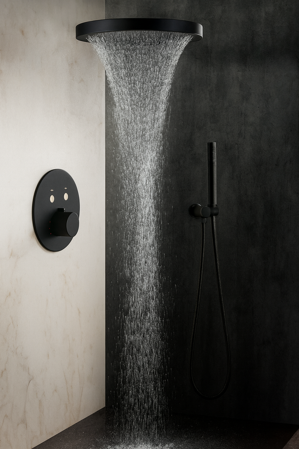 MAX Faucets Luxury Thermostatic Shower System – Two Functions | 16" Round Waterfall Shower Head with Push-Button Pressure-Balance Valve | Matte Black Finish YM-RCWF5522TH-MB