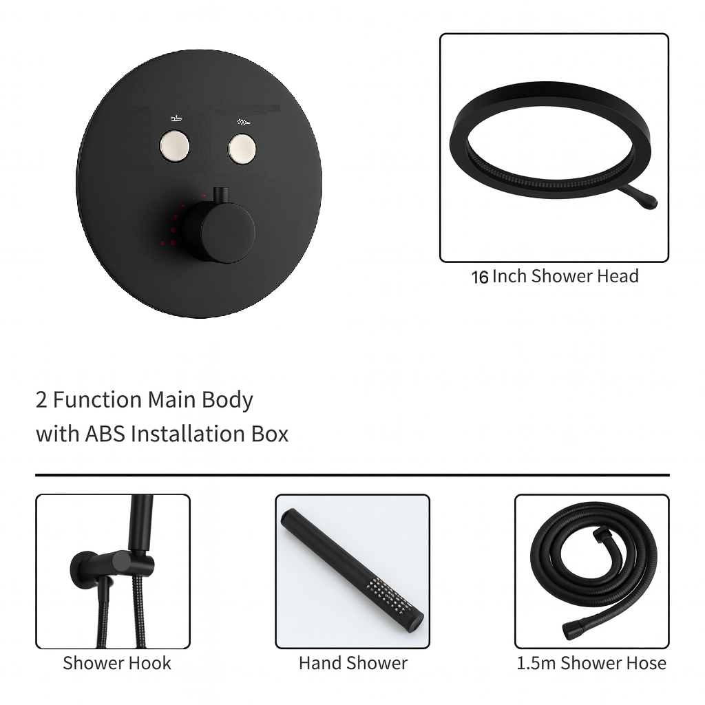 MAX Faucets Luxury Thermostatic Shower System – Two Functions | 16" Round Waterfall Shower Head with Push-Button Pressure-Balance Valve | Matte Black Finish YM-RCWF5522TH-MB