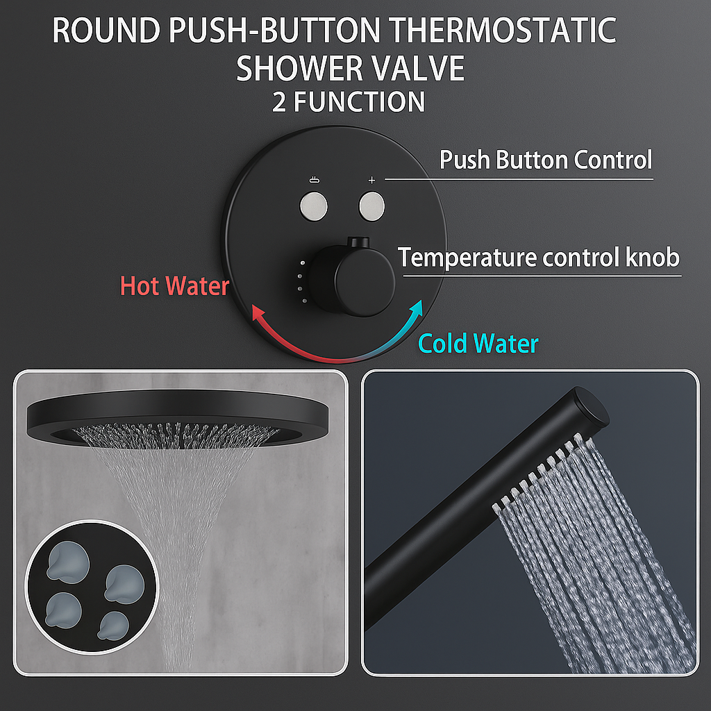 MAX Faucets Luxury Thermostatic Shower System – Two Functions | 16" Round Waterfall Shower Head with Push-Button Pressure-Balance Valve | Matte Black Finish YM-RCWF5522TH-MB