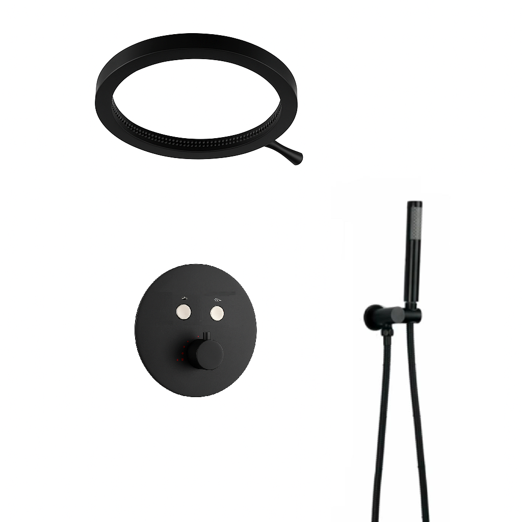 MAX Faucets Luxury Thermostatic Shower System – Two Functions | 16" Round Waterfall Shower Head with Push-Button Pressure-Balance Valve | Matte Black Finish YM-RCWF5522TH-MB