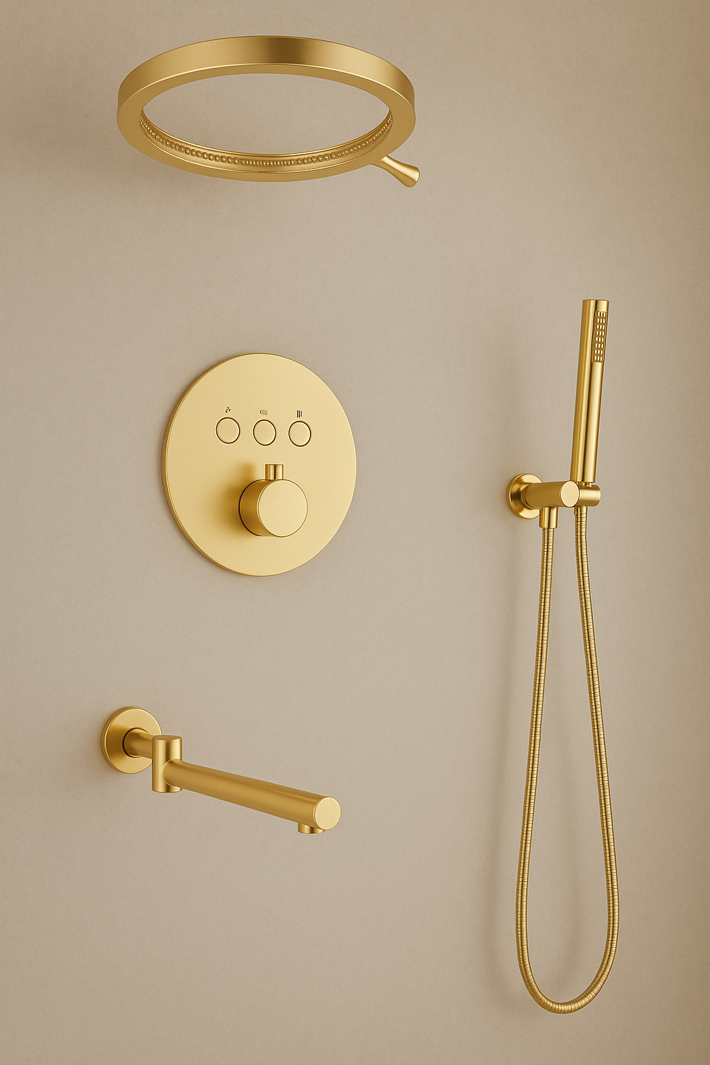 MAX Faucets Luxury Three-Function Thermostatic Shower System | 16" Round Waterfall Shower Head with Push-Button Pressure-Balance Valve & Round Swirling Water Spout | Brushed Gold Finish YM-RCWF5533TH-BG