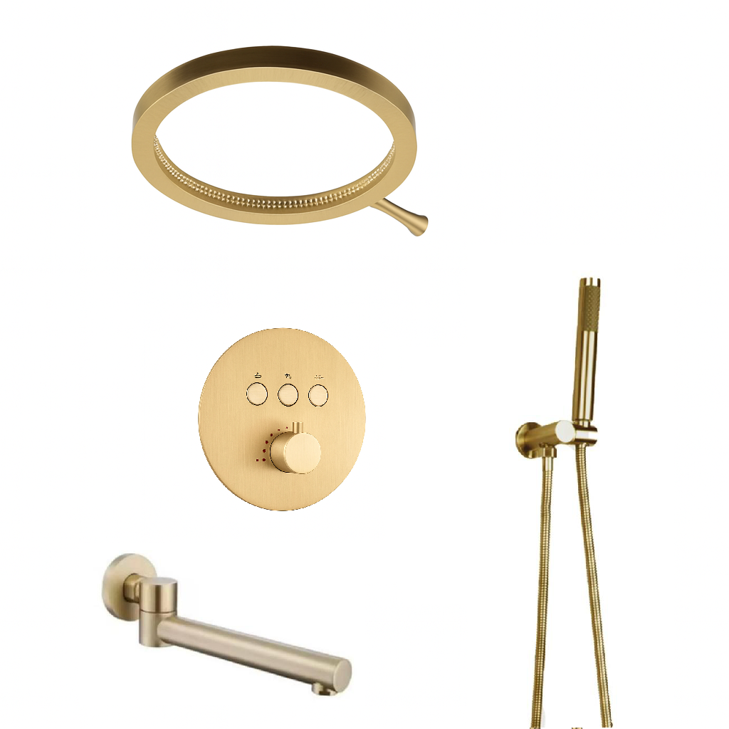 MAX Faucets Luxury Three-Function Thermostatic Shower System | 16" Round Waterfall Shower Head with Push-Button Pressure-Balance Valve & Round Swirling Water Spout | Brushed Gold Finish YM-RCWF5533TH-BG