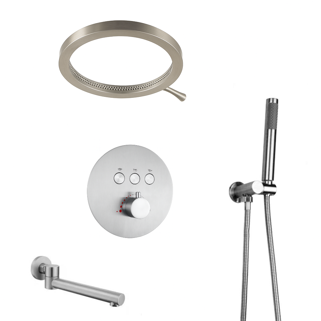 MAX Faucets Luxury Three-Function Thermostatic Shower System | 16" Round Waterfall Shower Head with Push-Button Pressure-Balance Valve & Round Swirling Water Spout | Brushed Nickel Finish YM-RCWF5533TH-BN