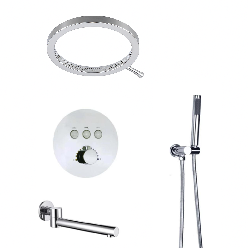MAX Faucets Luxury Three-Function Thermostatic Shower System | 16" Round Waterfall Shower Head with Push-Button Pressure-Balance Valve & Round Swirling Water Spout | Chrome Finish YM-RCWF5533TH-C