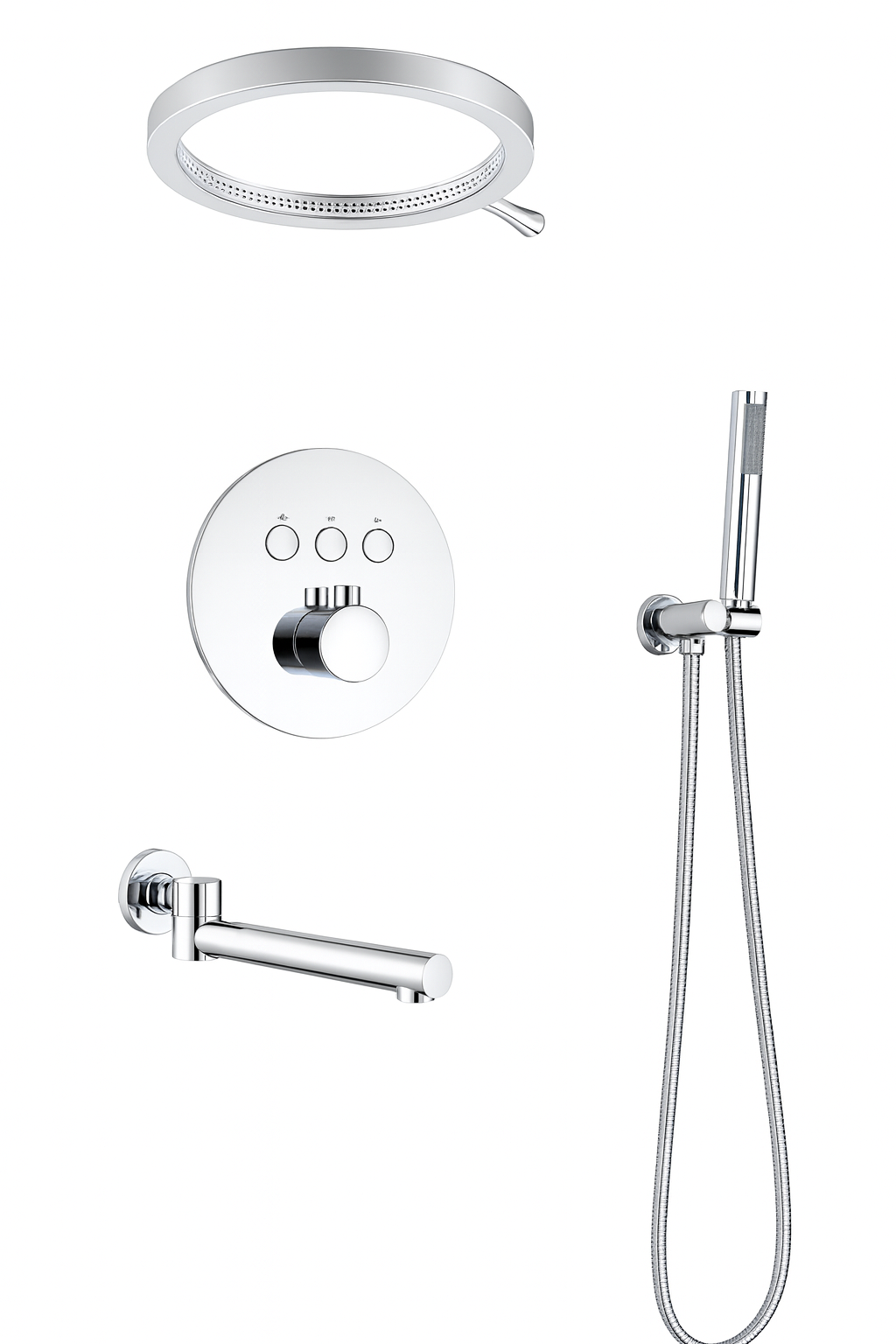 MAX Faucets Luxury Three-Function Thermostatic Shower System | 16" Round Waterfall Shower Head with Push-Button Pressure-Balance Valve & Round Swirling Water Spout | Chrome Finish YM-RCWF5533TH-C