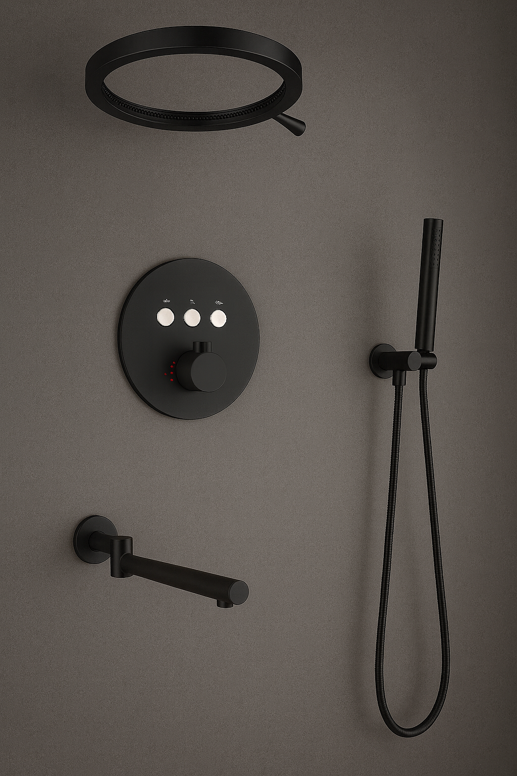 MAX Faucets Luxury Three-Function Thermostatic Shower System | 16" Round Waterfall Shower Head with Push-Button Pressure-Balance Valve & Round Swirling Water Spout | Matte Black Finish YM-RCWF5533TH-MB