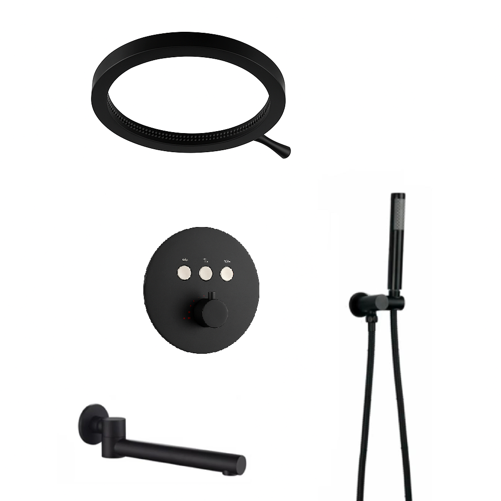 MAX Faucets Luxury Three-Function Thermostatic Shower System | 16" Round Waterfall Shower Head with Push-Button Pressure-Balance Valve & Round Swirling Water Spout | Matte Black Finish YM-RCWF5533TH-MB