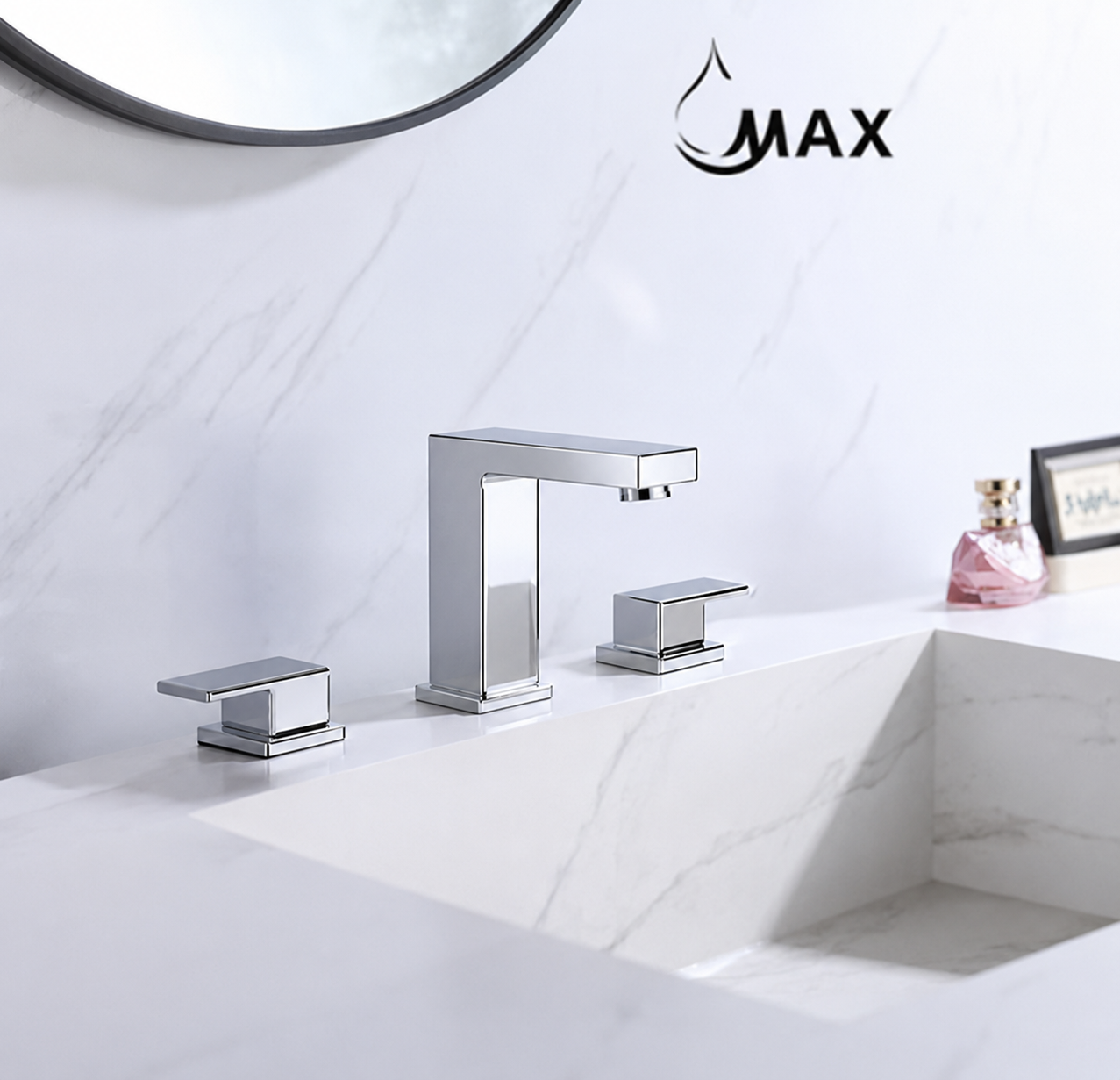 A modern three-hole bathroom faucet set with a polished chrome finish, installed on a white marble sink. The faucet features a tall rectangular spout, a separate hot and cold valve, and a matching round mirror above.