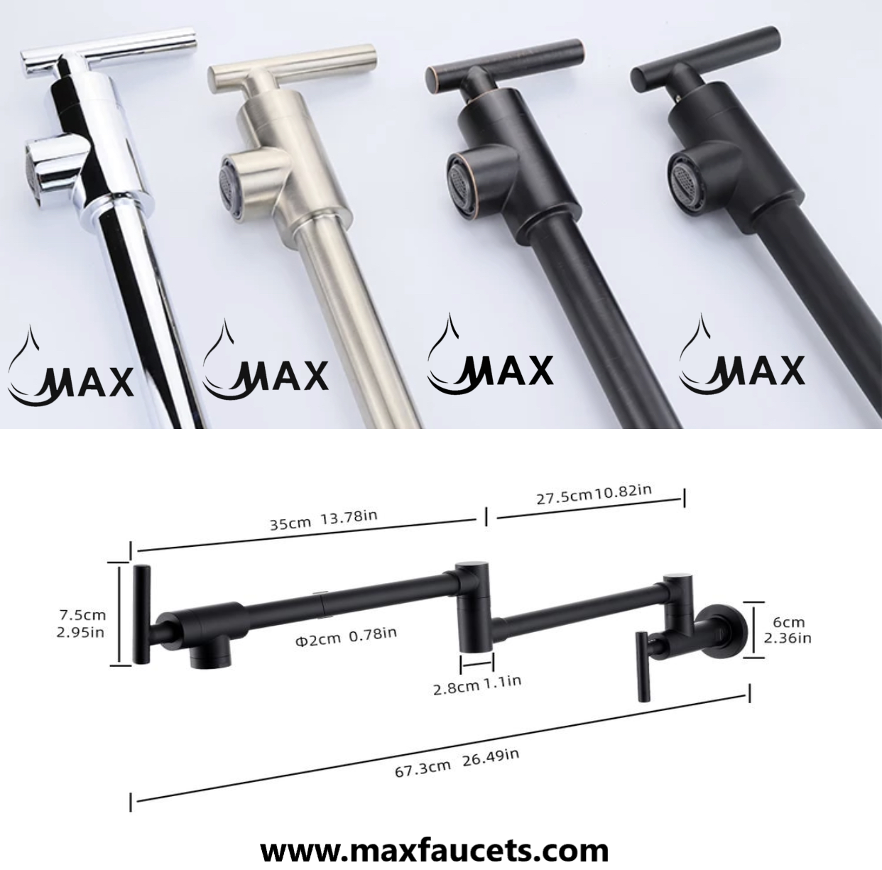 MAX Faucets | Pot Filler Faucet Double Handle Commercial Wall Mounted 26" With Accessories Matte Black, Brushed Gold Finish SKU: PF-12407-Size 