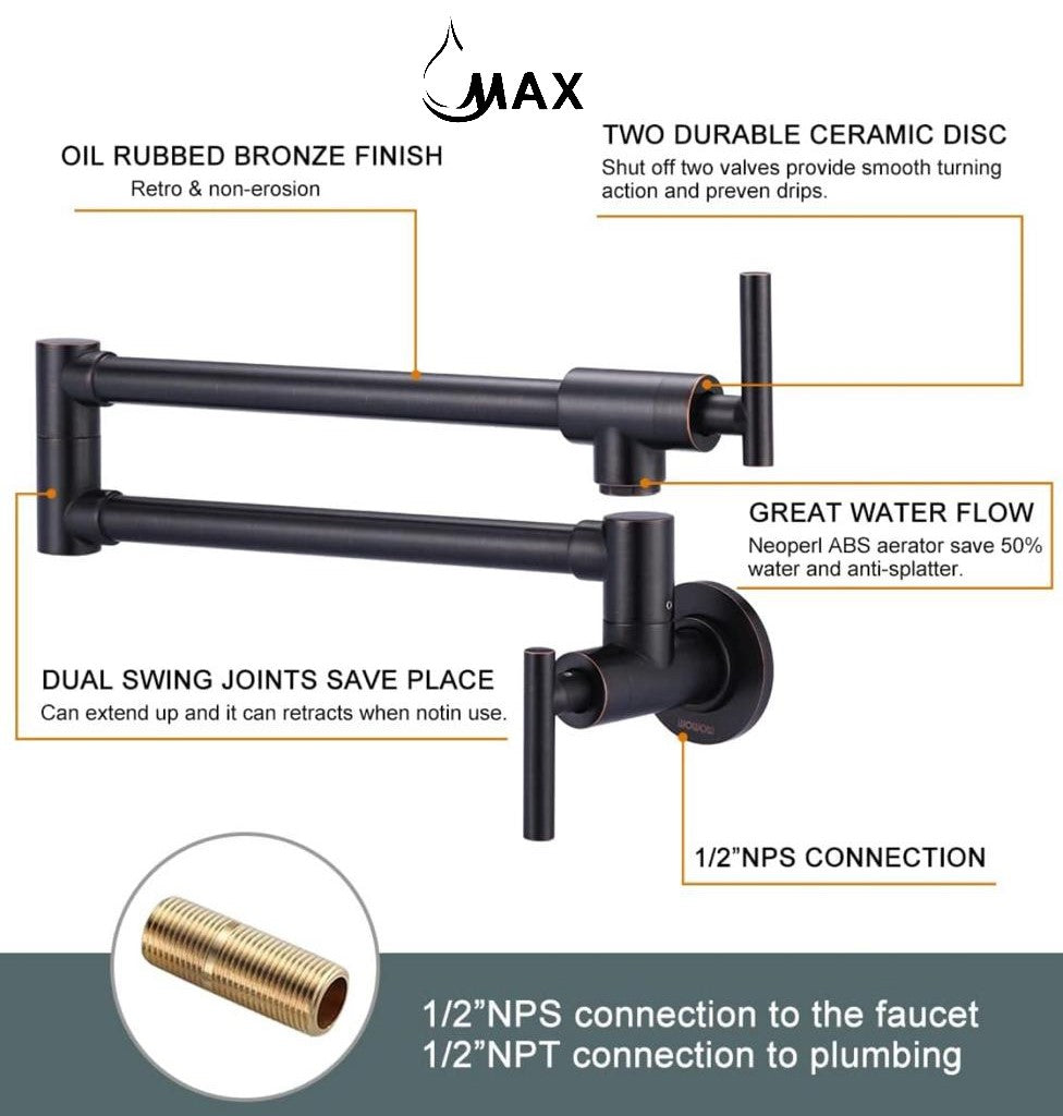 MAX Faucets | Pot Filler Faucet Double Handle Commercial Wall Mounted 26" With Accessories Oil Rubbed Bronze Finish PF-12407-ORB