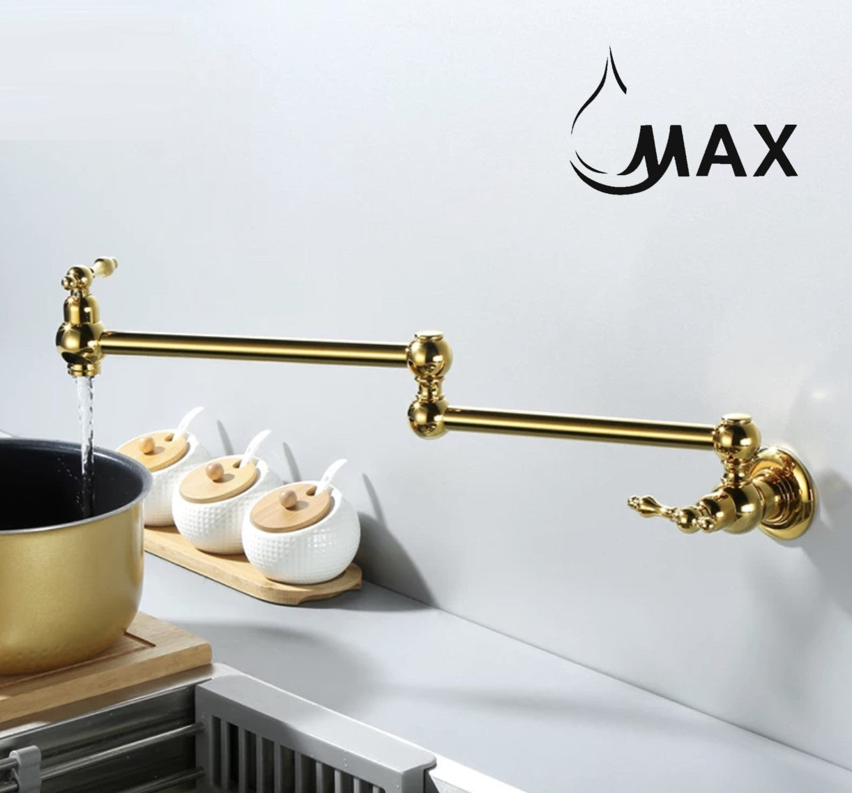 Pot Filler Faucet Double Handle Traditional Wall Mounted With Accessories 22" Shiny Gold Finish
SKU: PF-2008-SG