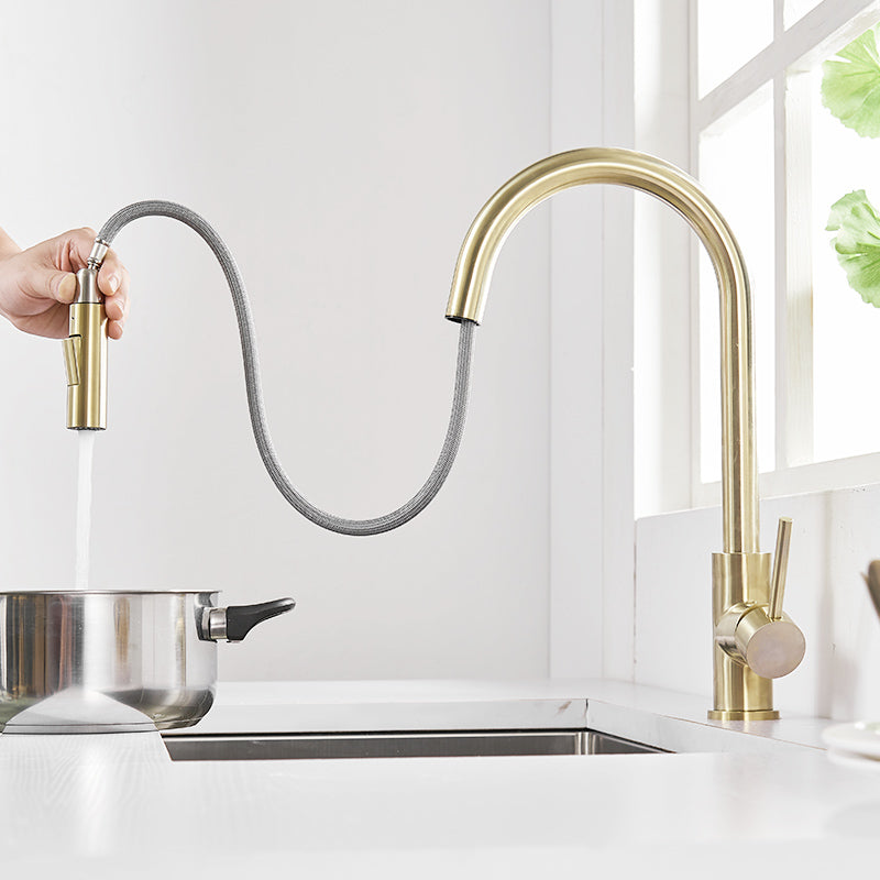 MAX Faucets Pull-out Smart Touch kitchen faucet in brushed gold finish with pull-out spray.