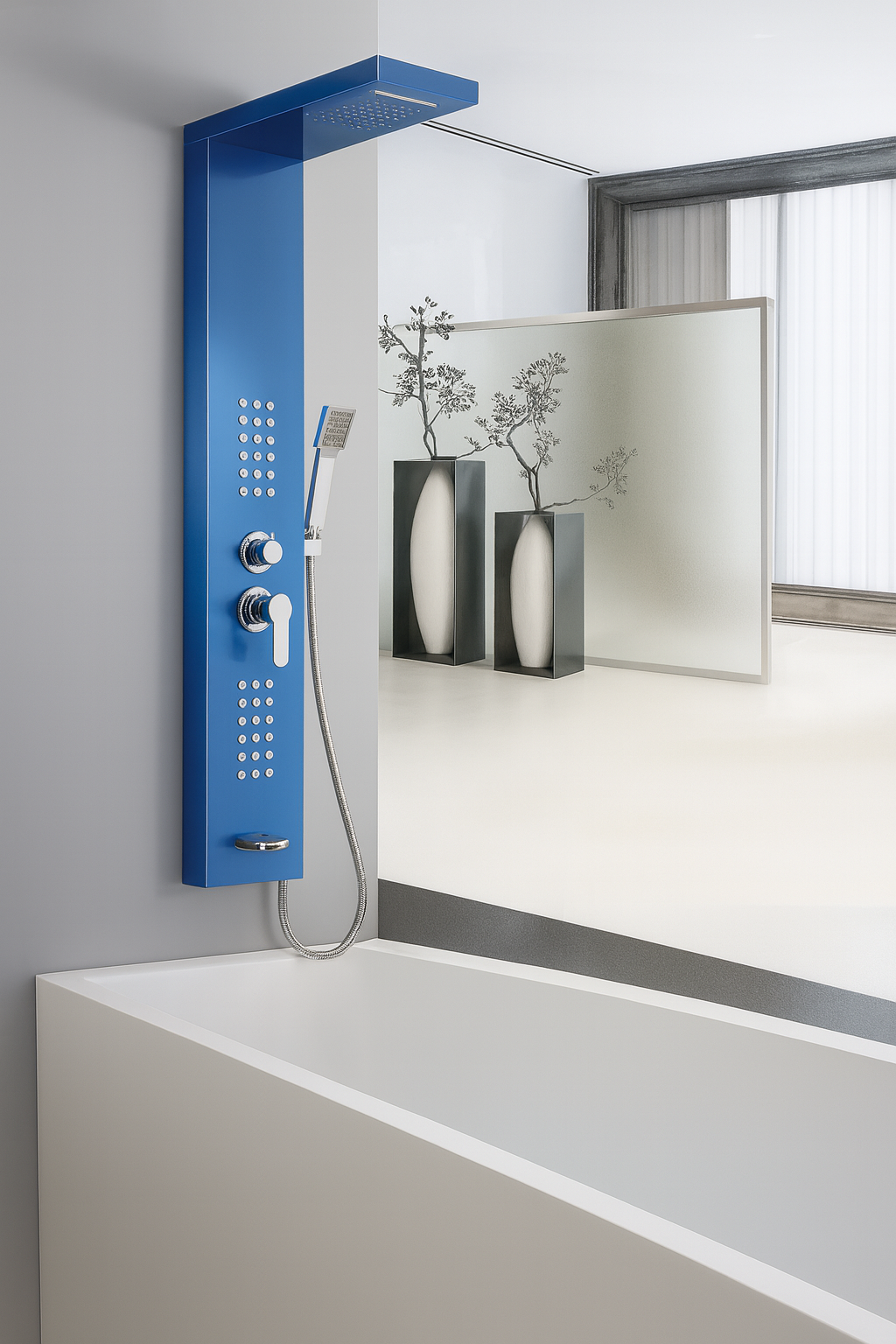 MAX Faucets | Rainfall Shower Panel System with 2 Massage Jets, Handheld, and Spout – Blue Finish BM-SP111-BL