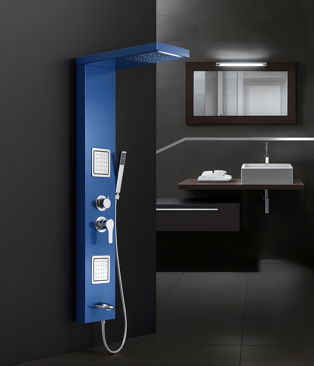 MAX Faucets | Rainfall Shower Panel System with 2 Massage Jets, Handheld, and Spout – Blue Finish BM-SP110-BL