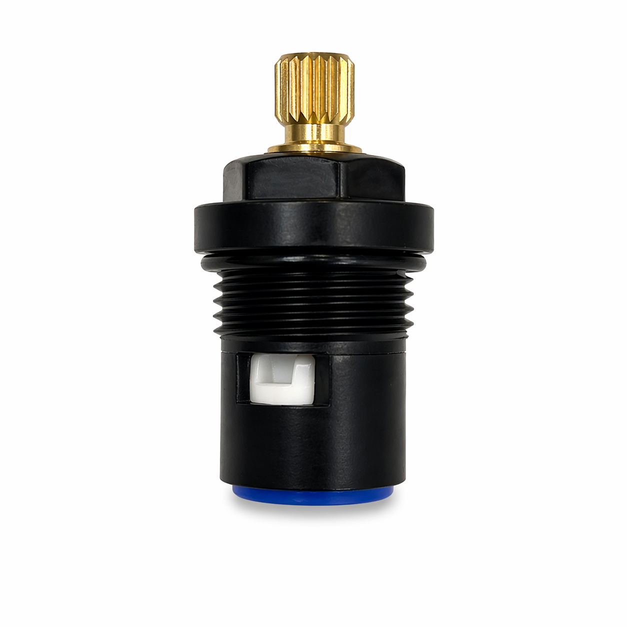 Black mechanical component with gold and blue accents on a white background