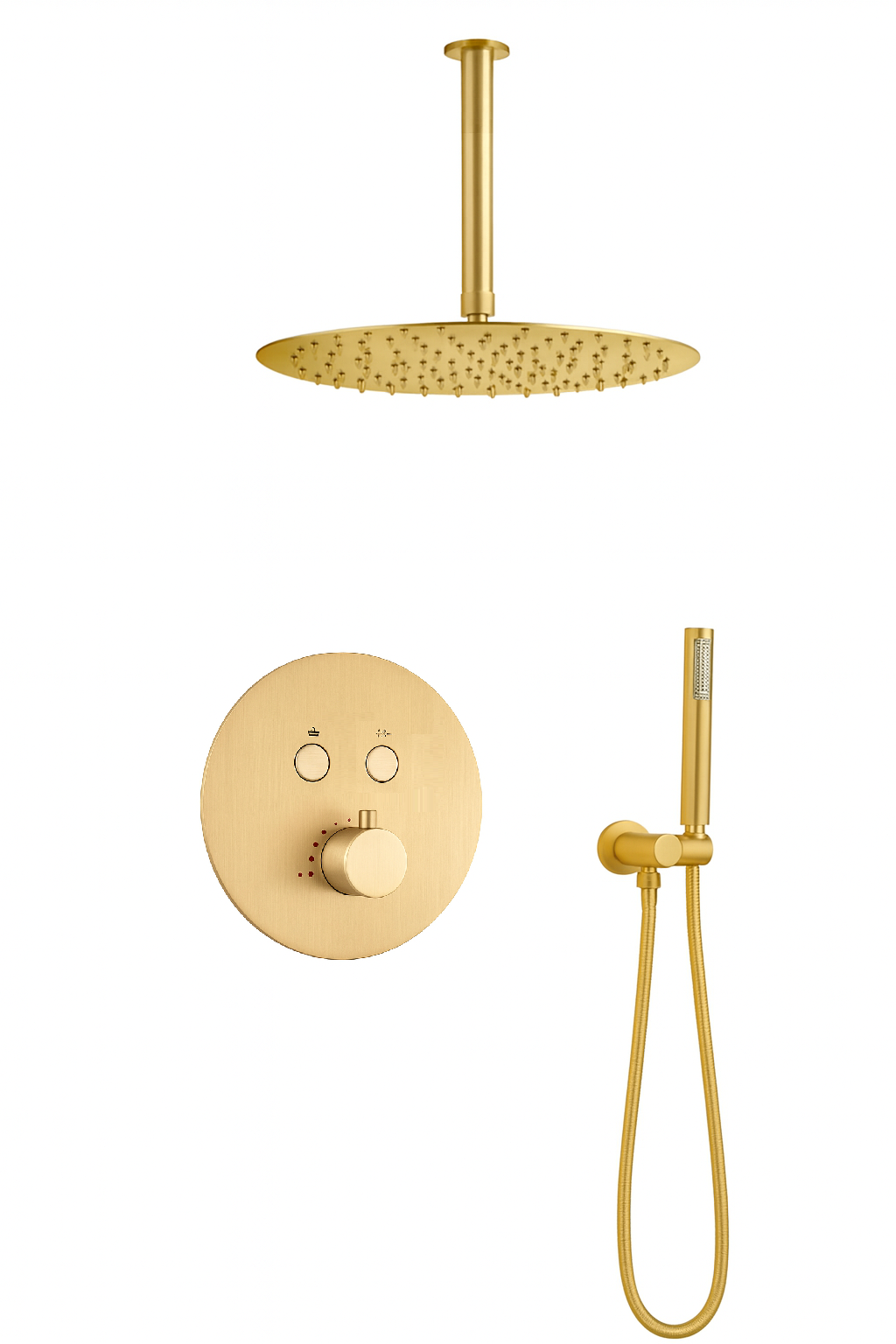 MAX Faucets | Round Push-Button Thermostatic Shower System – Two Functions – Brushed Gold Finish – 12" Round Shower Head – 10" Ceiling-Mounted Arm YM-RC5122TH-BG