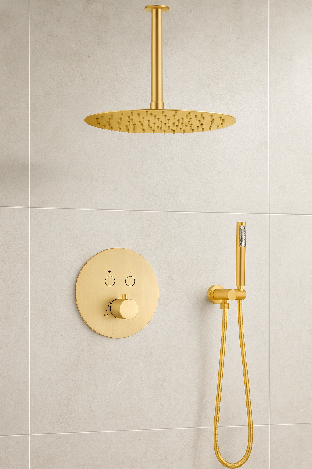 MAX Faucets | Round Push-Button Thermostatic Shower System – Two Functions – Brushed Gold Finish – 12" Round Shower Head – 10" Ceiling-Mounted Arm YM-RC5122TH-BG