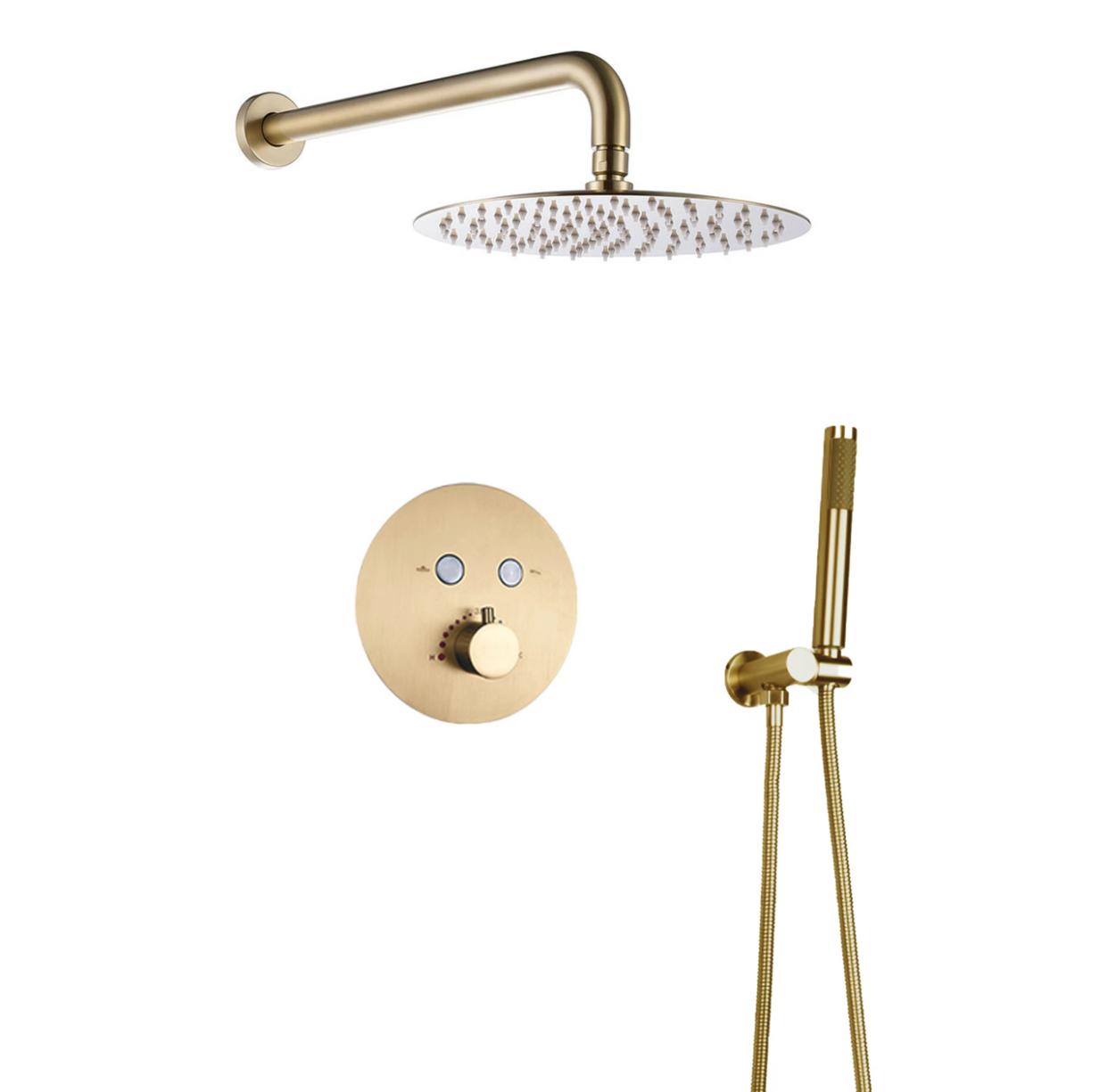 MAX Faucets Round Push-Button Thermostatic Shower System – Two Functions – Brushed Gold Finish – 12" Round Shower Head YM-RW5122TH-BG