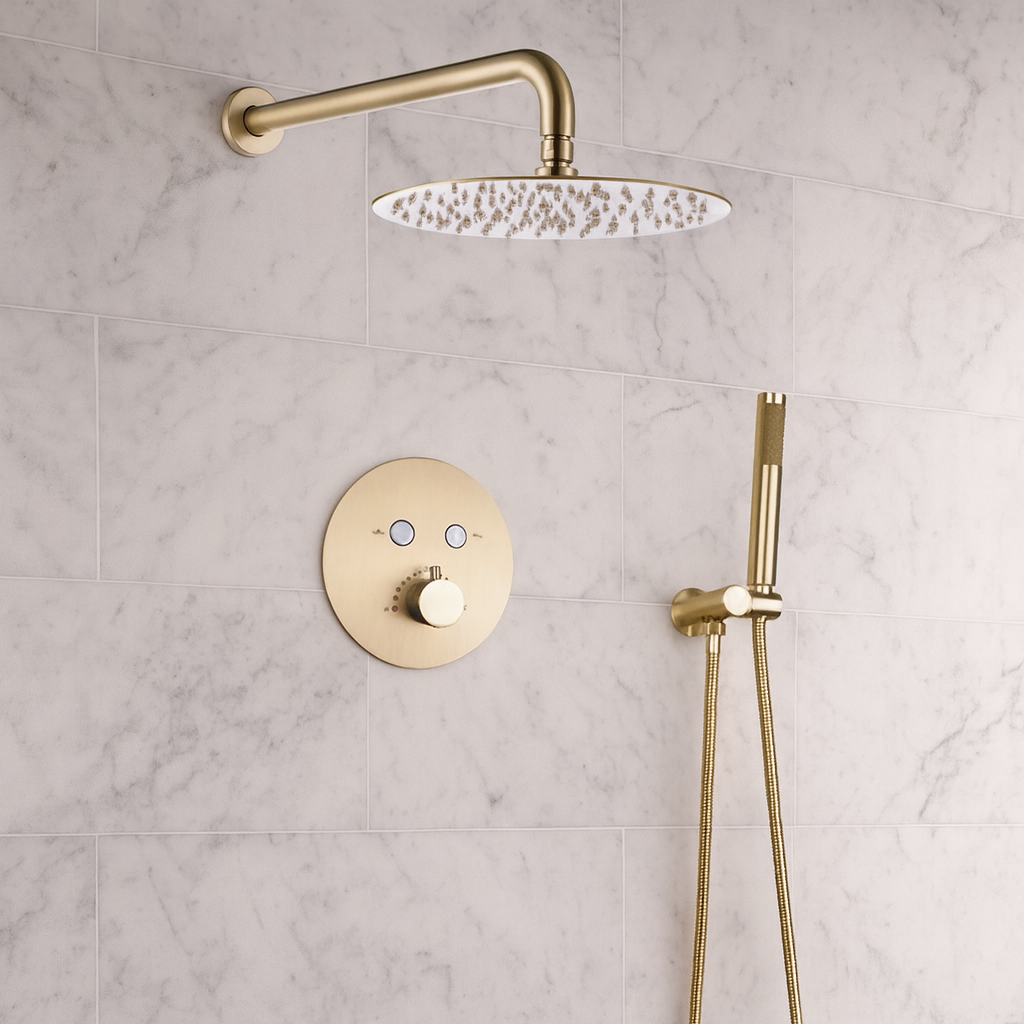 MAX Faucets Round Push-Button Thermostatic Shower System – Two Functions – Brushed Gold Finish – 12" Round Shower Head YM-RW5122TH-BG