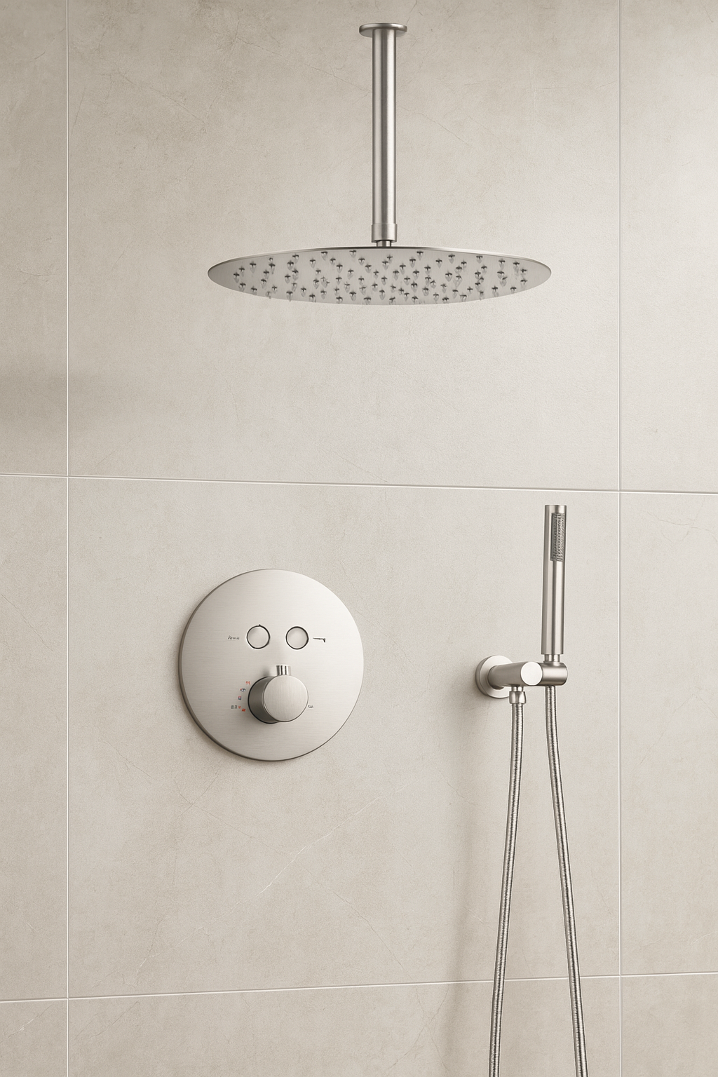 MAX Faucets | Round Push-Button Thermostatic Shower System – Two Functions – Brushed Nickel Finish – 12" Round Shower Head – 10" Ceiling-Mounted Arm YM-RC5122TH-BN