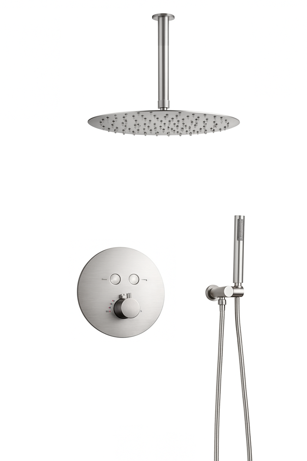 MAX Faucets | Round Push-Button Thermostatic Shower System – Two Functions – Brushed Nickel Finish – 12" Round Shower Head – 10" Ceiling-Mounted Arm YM-RC5122TH-BN