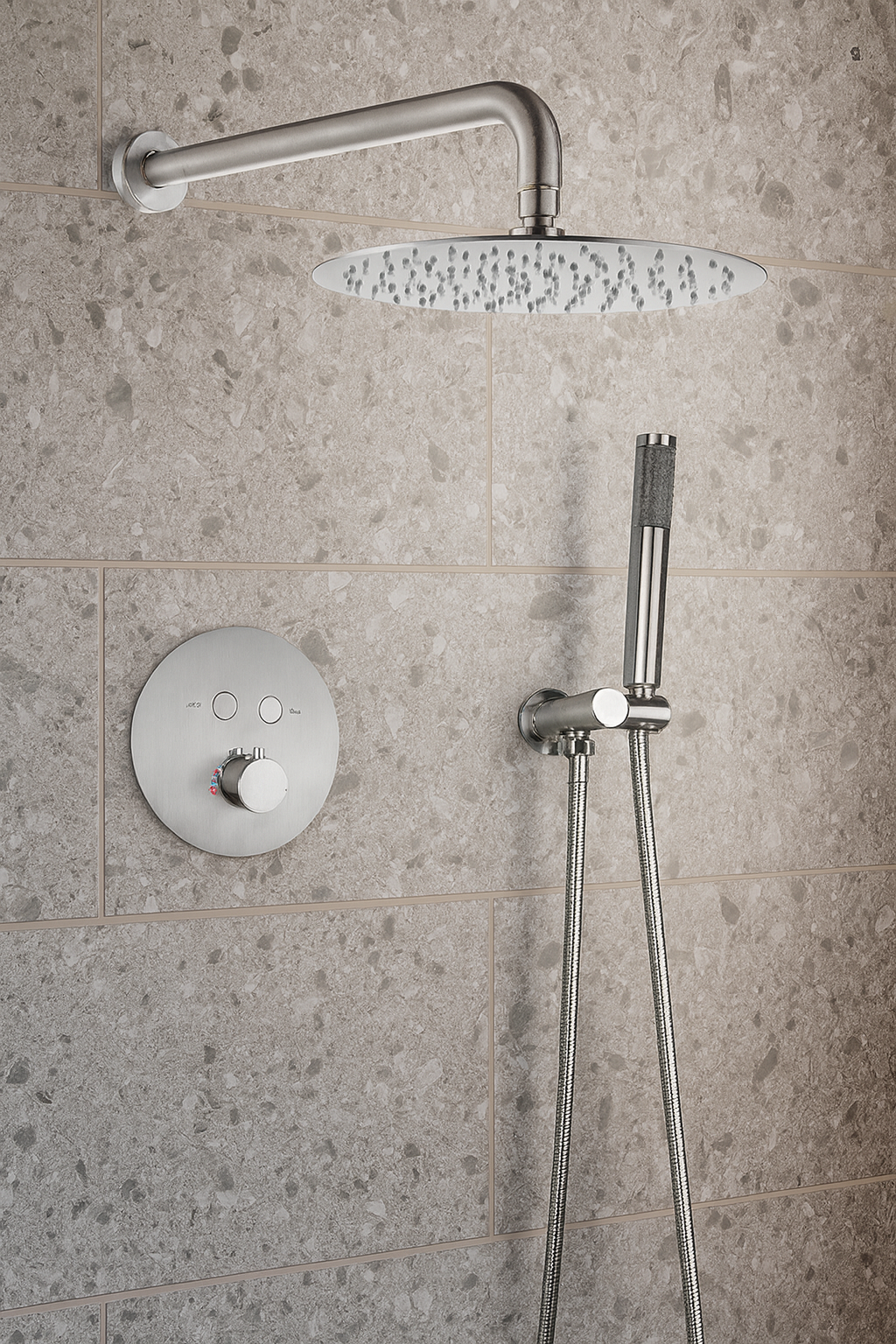 MAX Faucets Round Push-Button Thermostatic Shower System – Two Functions – Brushed Nickel Finish – 12" Round Shower Head YM-RW5122TH-BN