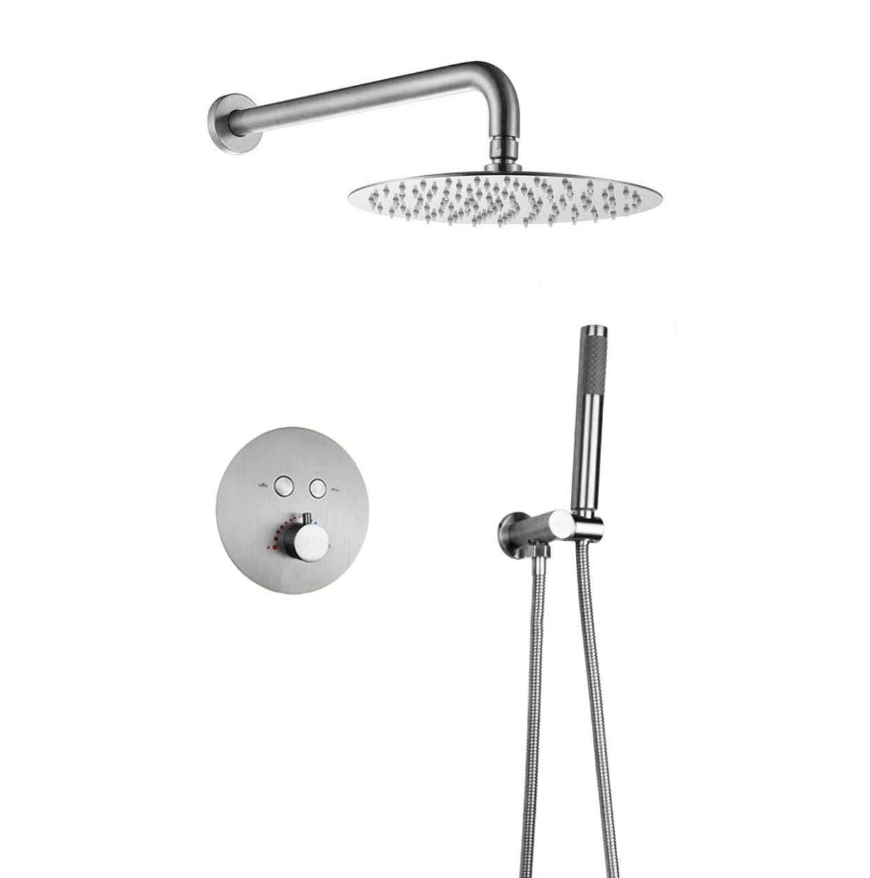 MAX Faucets Round Push-Button Thermostatic Shower System – Two Functions – Brushed Nickel Finish – 12" Round Shower Head YM-RW5122TH-BN