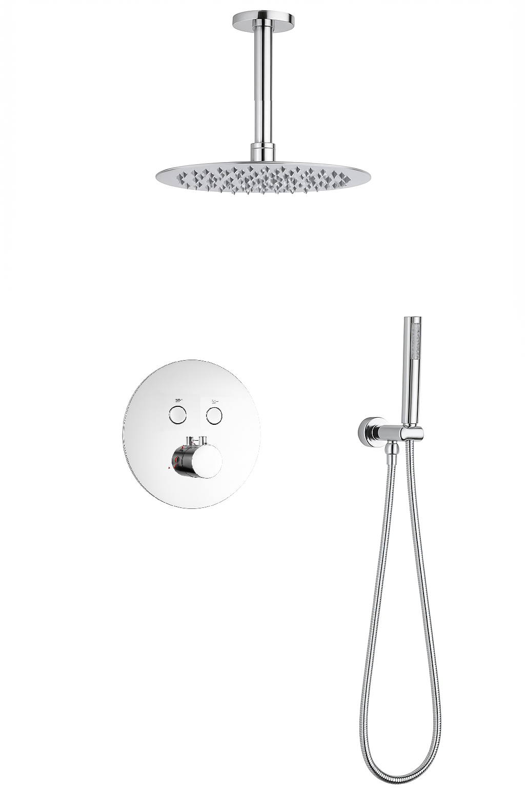 MAX Faucets | Round Push-Button Thermostatic Shower System – Two Functions – Chrome Finish – 12" Round Shower Head – 10" Ceiling-Mounted Arm YM-RC5122TH-C