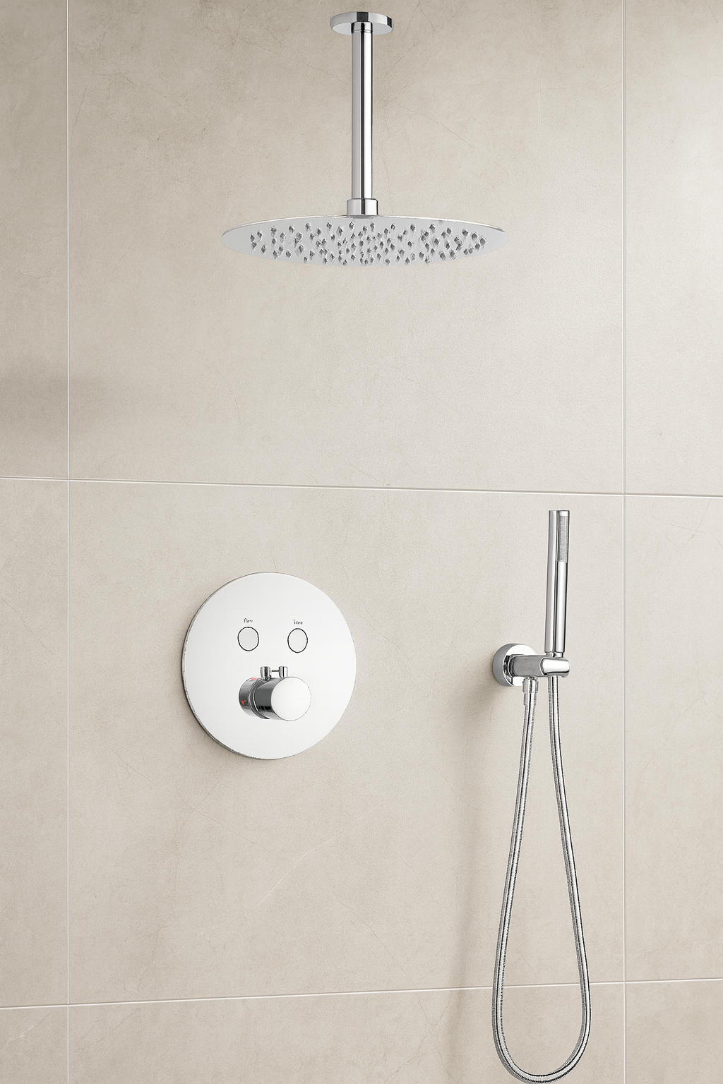 MAX Faucets | Round Push-Button Thermostatic Shower System – Two Functions – Chrome Finish – 12" Round Shower Head – 10" Ceiling-Mounted Arm YM-RC5122TH-C