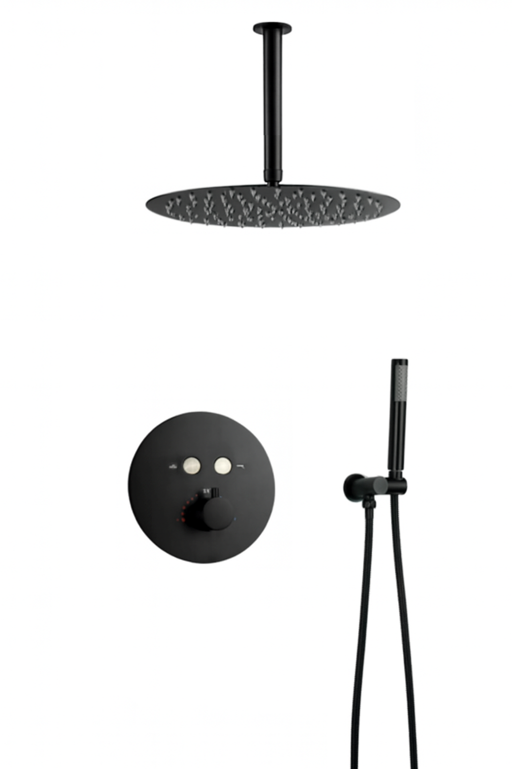 MAX Faucets | Round Push-Button Thermostatic Shower System – Two Functions – Matte Black Finish – 12" Round Shower Head – Ceiling-Mounted YM-RC5122TH-MB