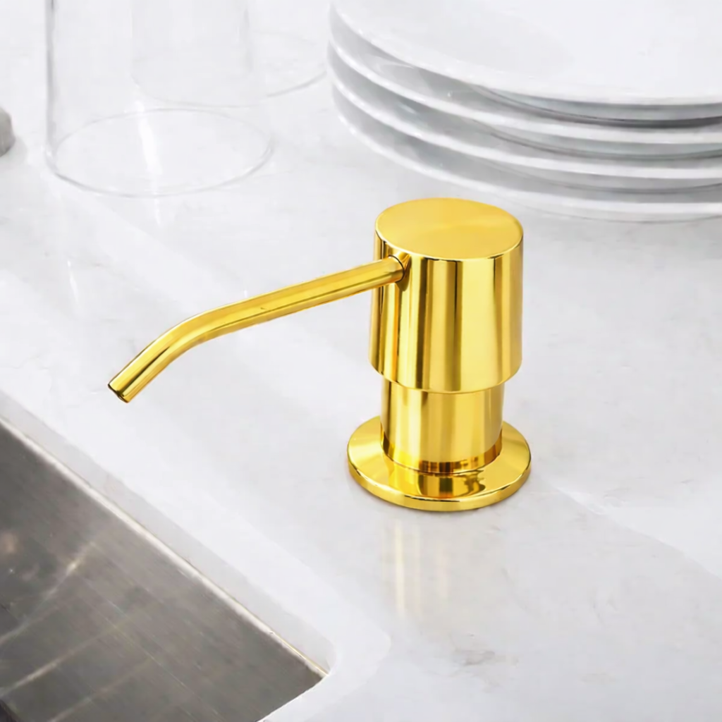 MAX Faucets | Shiny Gold Soap and Lotion Dispenser – 360° Swivel, Refillable, 17oz Capacity MP-12122-SG