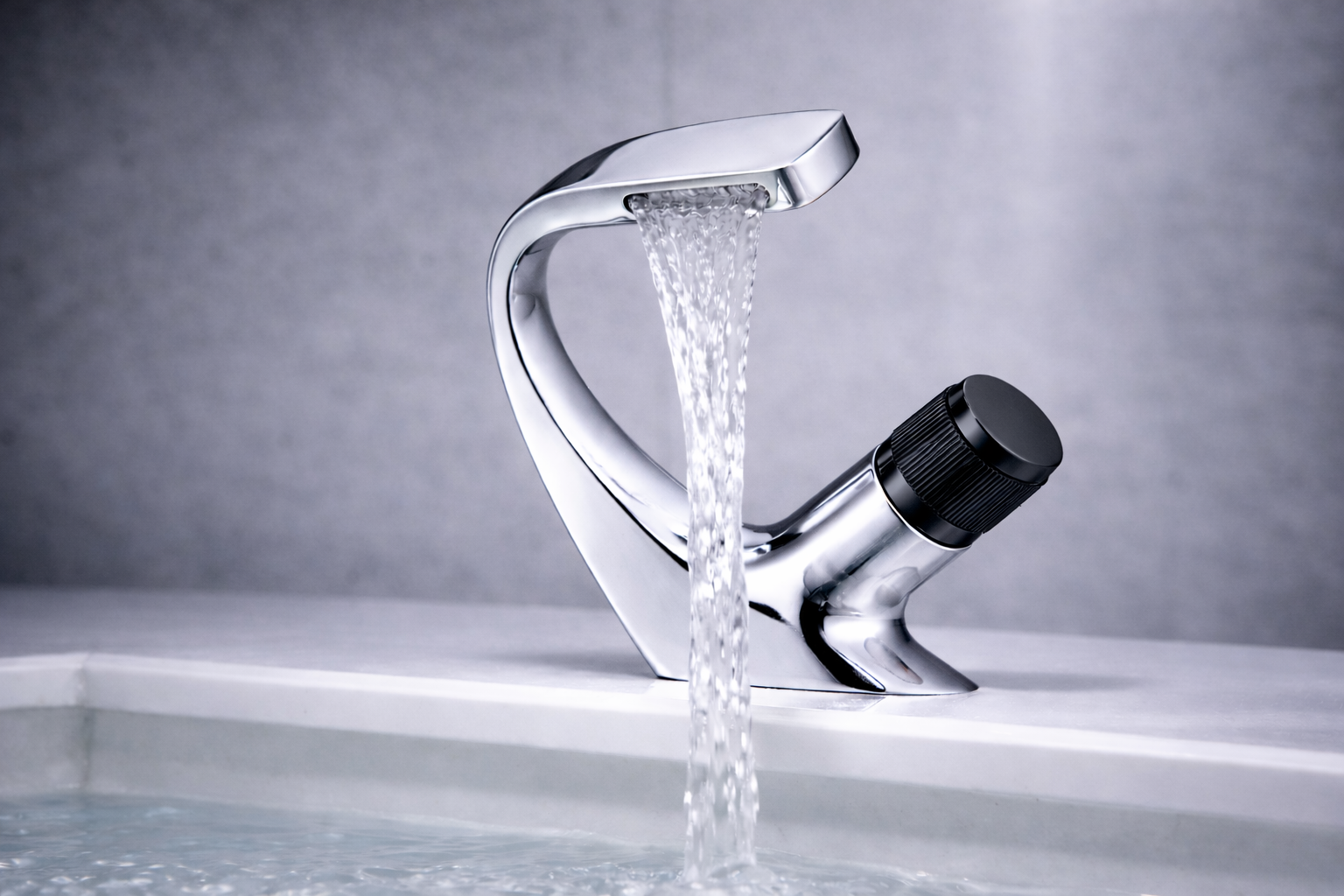 MAX Faucets® Side Knob Waterfall Bathroom Faucet – Chrome Body with Matte Black Knob Contemporary Design