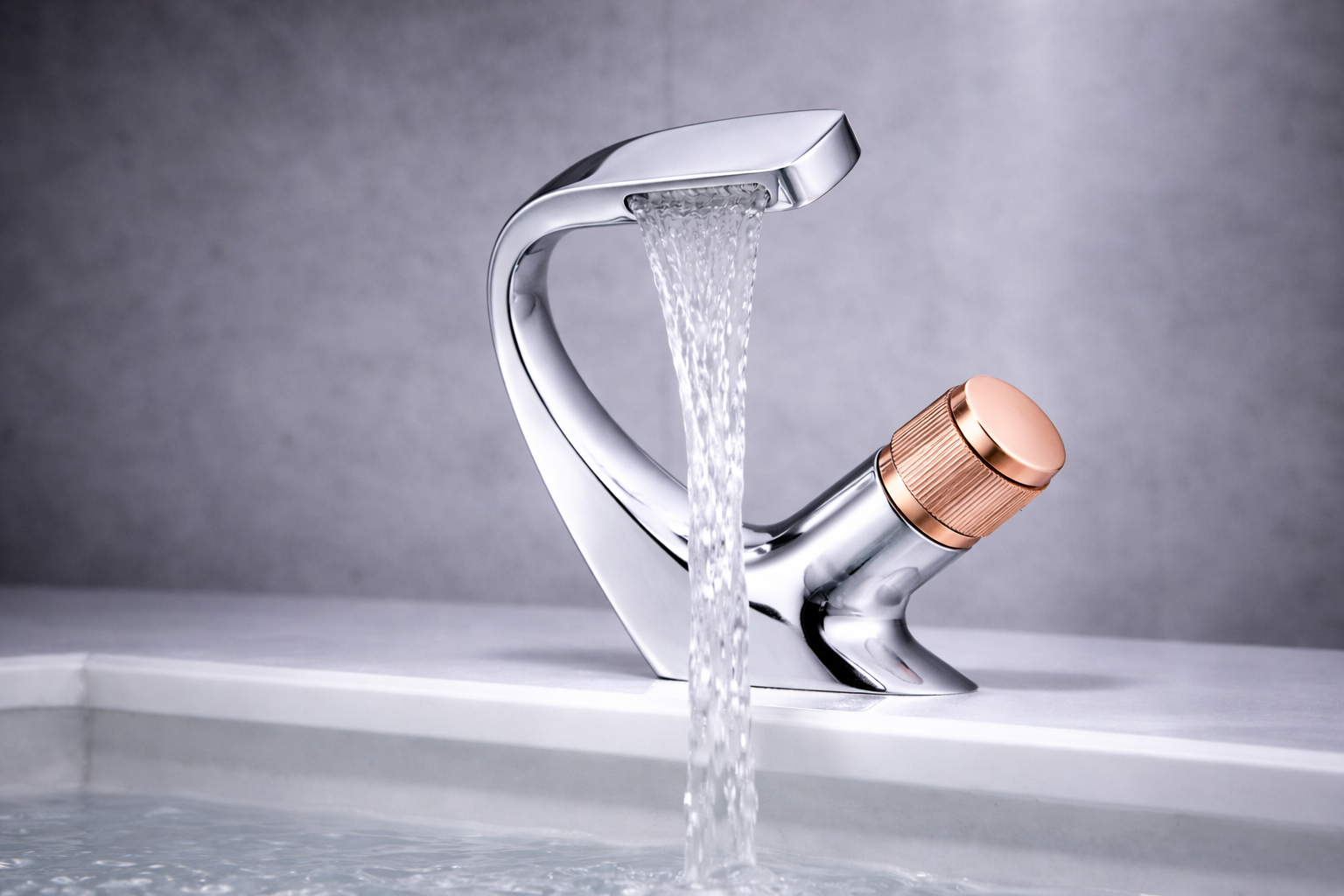 MAX Faucets® Side Knob Waterfall Bathroom Faucet – Chrome Body with Rose Gold Knob Contemporary Design