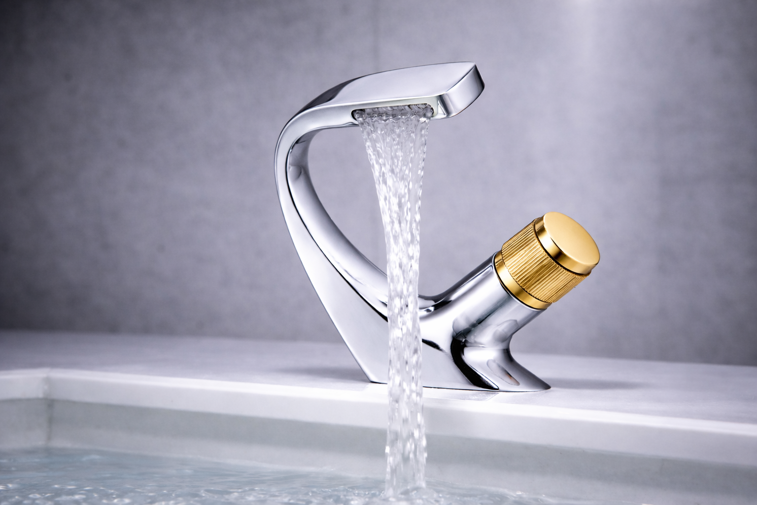 MAX Faucets® Side Knob Waterfall Bathroom Faucet – Chrome Body with Shiny Gold Knob Contemporary Design