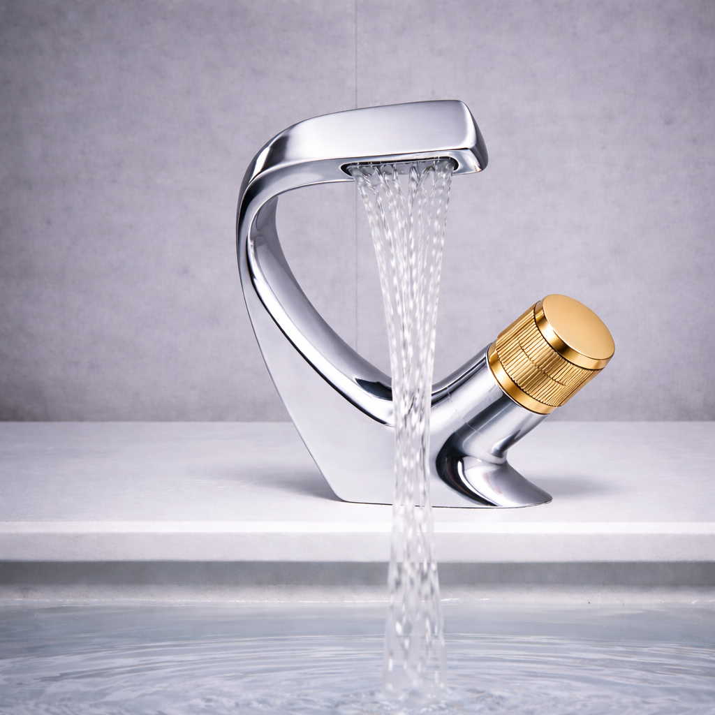 MAX Faucets® Side Knob Waterfall Bathroom Faucet – Chrome Body with Shiny Gold Knob Contemporary Design