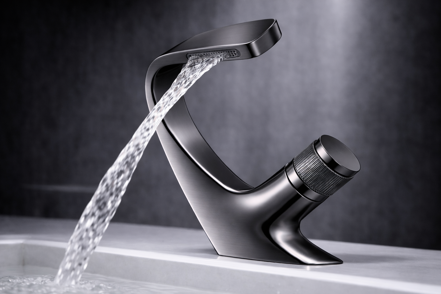 MAX Faucets® Side Knob Waterfall Bathroom Faucet – Gun Gray Contemporary Design