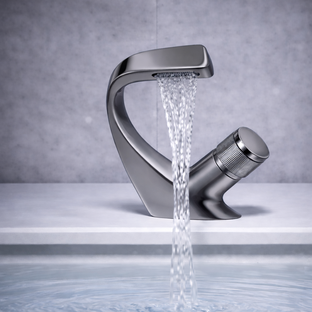 Faucets MAX Faucets® Side Knob Waterfall Bathroom Faucet – Gun Gray Contempora