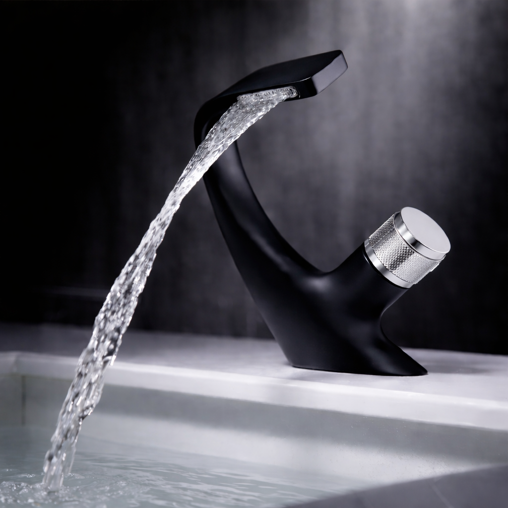 MAX Faucets® Side Knob Waterfall Bathroom Faucet – Matte Black with Chrome Knob