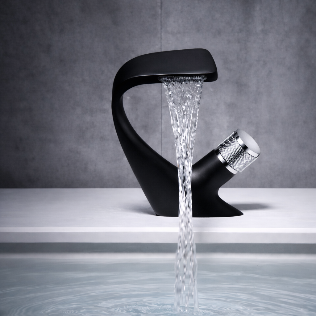 MAX Faucets® Side Knob Waterfall Bathroom Faucet – Matte Black with Chrome Knob