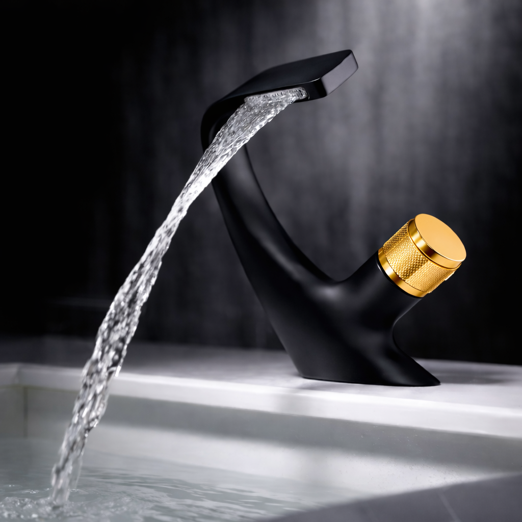 MAX Faucets® Side Knob Waterfall Bathroom Faucet – Matte Black with Shiny Gold Accent