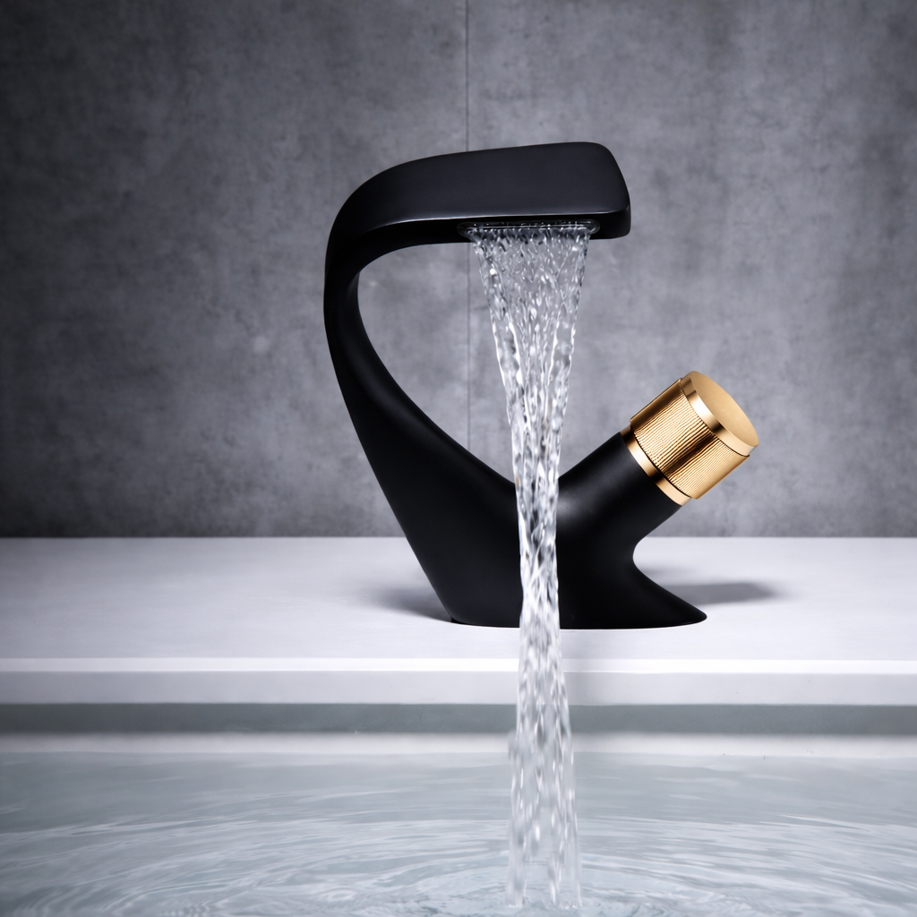 MAX Faucets® Side Knob Waterfall Bathroom Faucet – Matte Black with Shiny Gold Accent