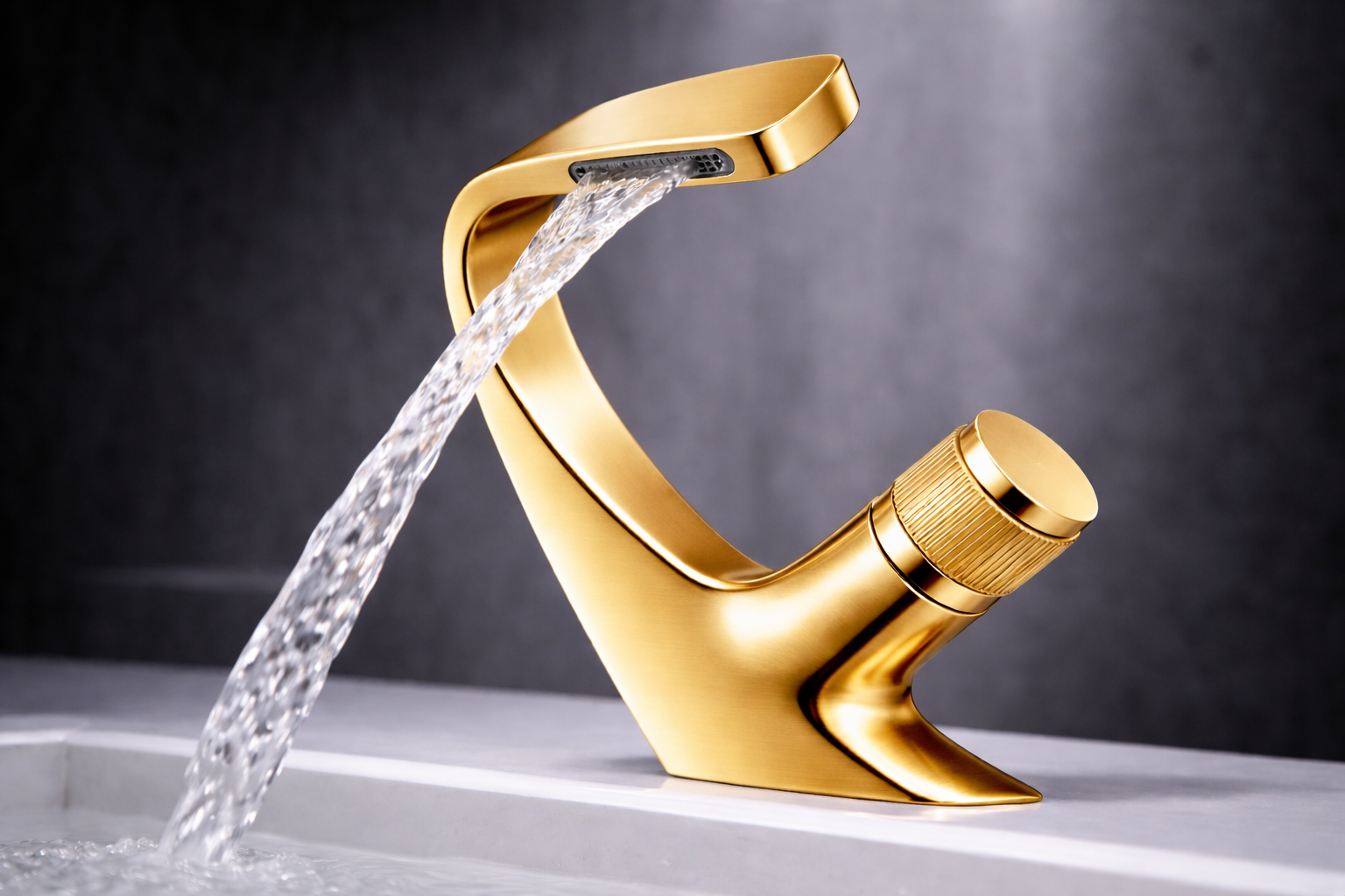 MAX Faucets® Side Knob Waterfall Bathroom Faucet – Shiny Gold Contemporary Design