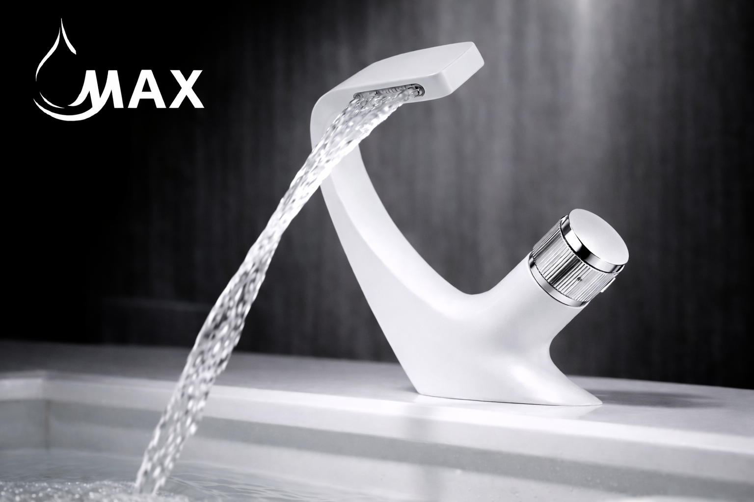 MAX Faucets® Side Knob Waterfall Bathroom Faucet – White Body with Chrome Knob Contemporary Design