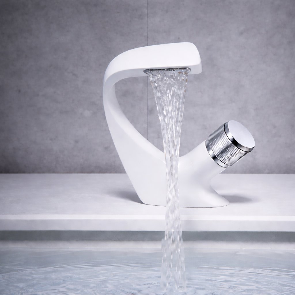 MAX Faucets® Side Knob Waterfall Bathroom Faucet – White Body with Chrome Knob Contemporary Design