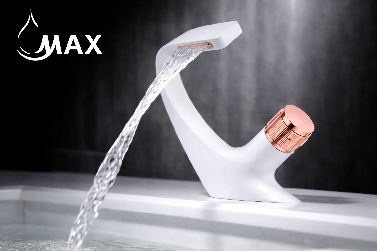 MAX Faucets® Side Knob Waterfall Bathroom Faucet – White Body with Rose Gold Knob