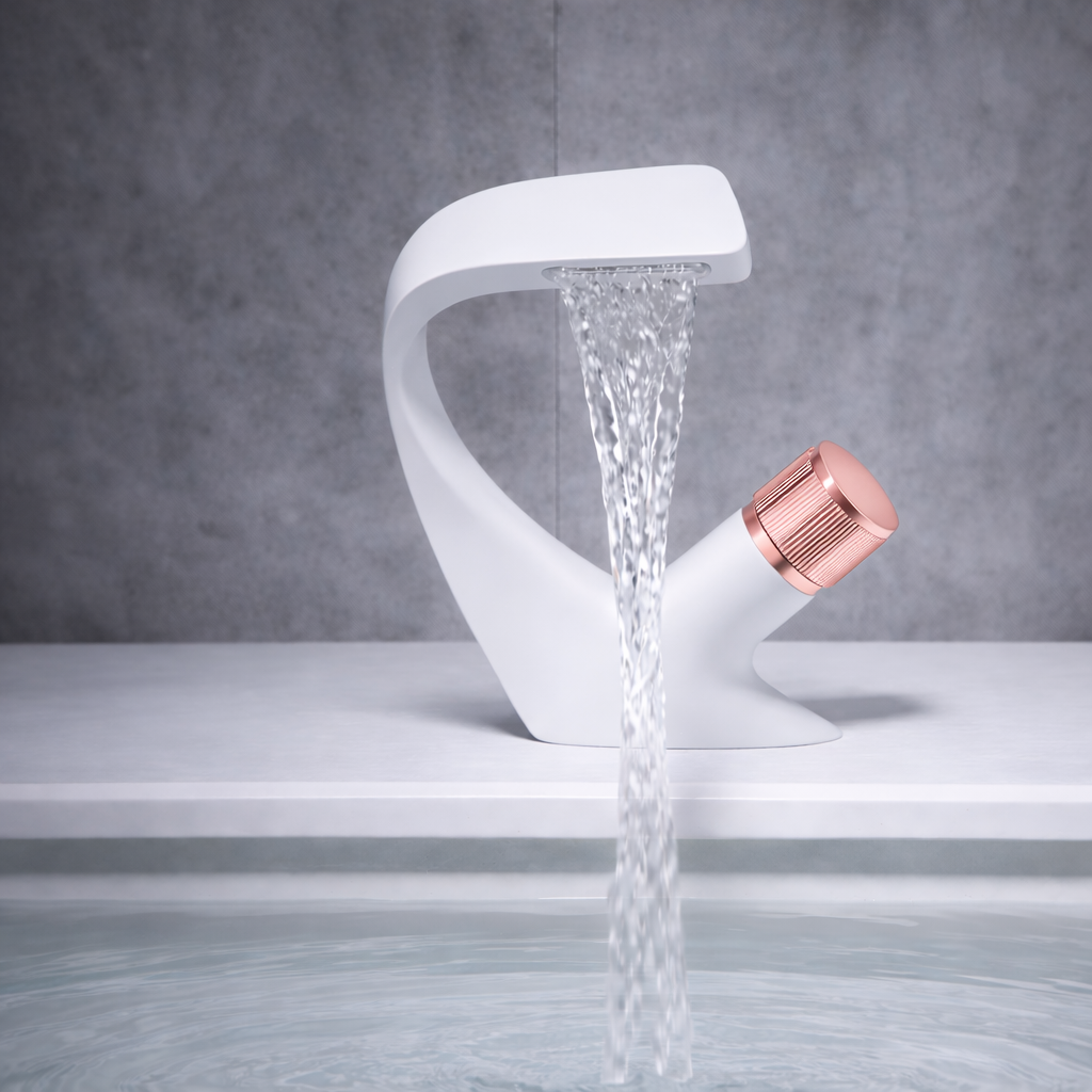 MAX Faucets® Side Knob Waterfall Bathroom Faucet – White Body with Rose Gold Knob