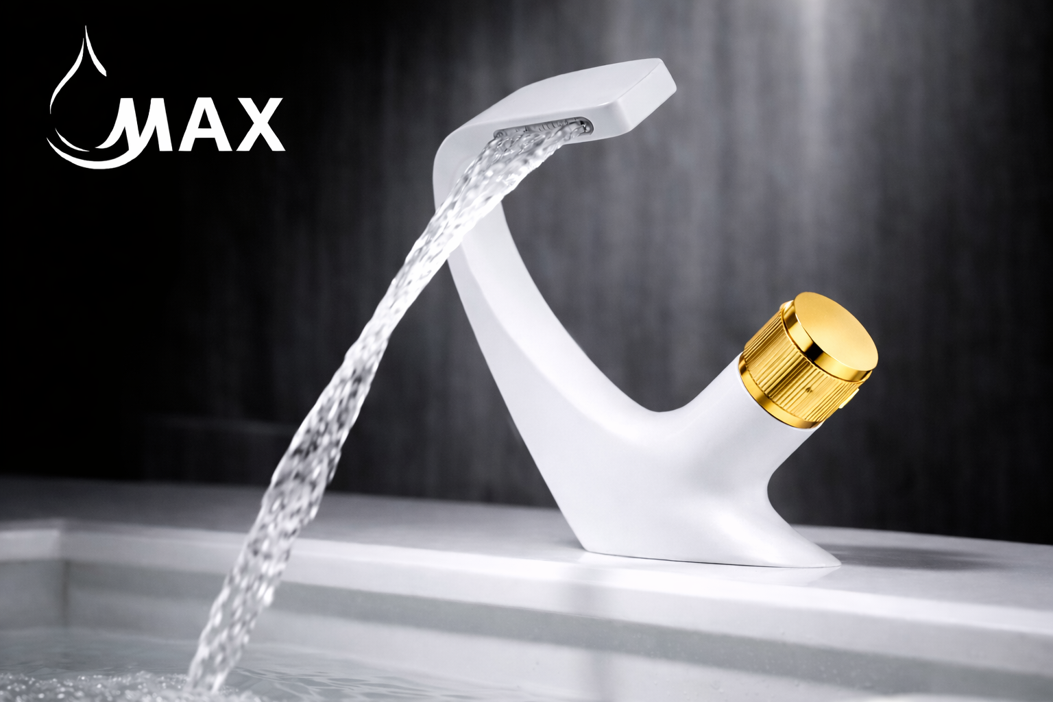 MAX Faucets® Side Knob Waterfall Bathroom Faucet – White Body with Shiny Gold Knob Contemporary Design