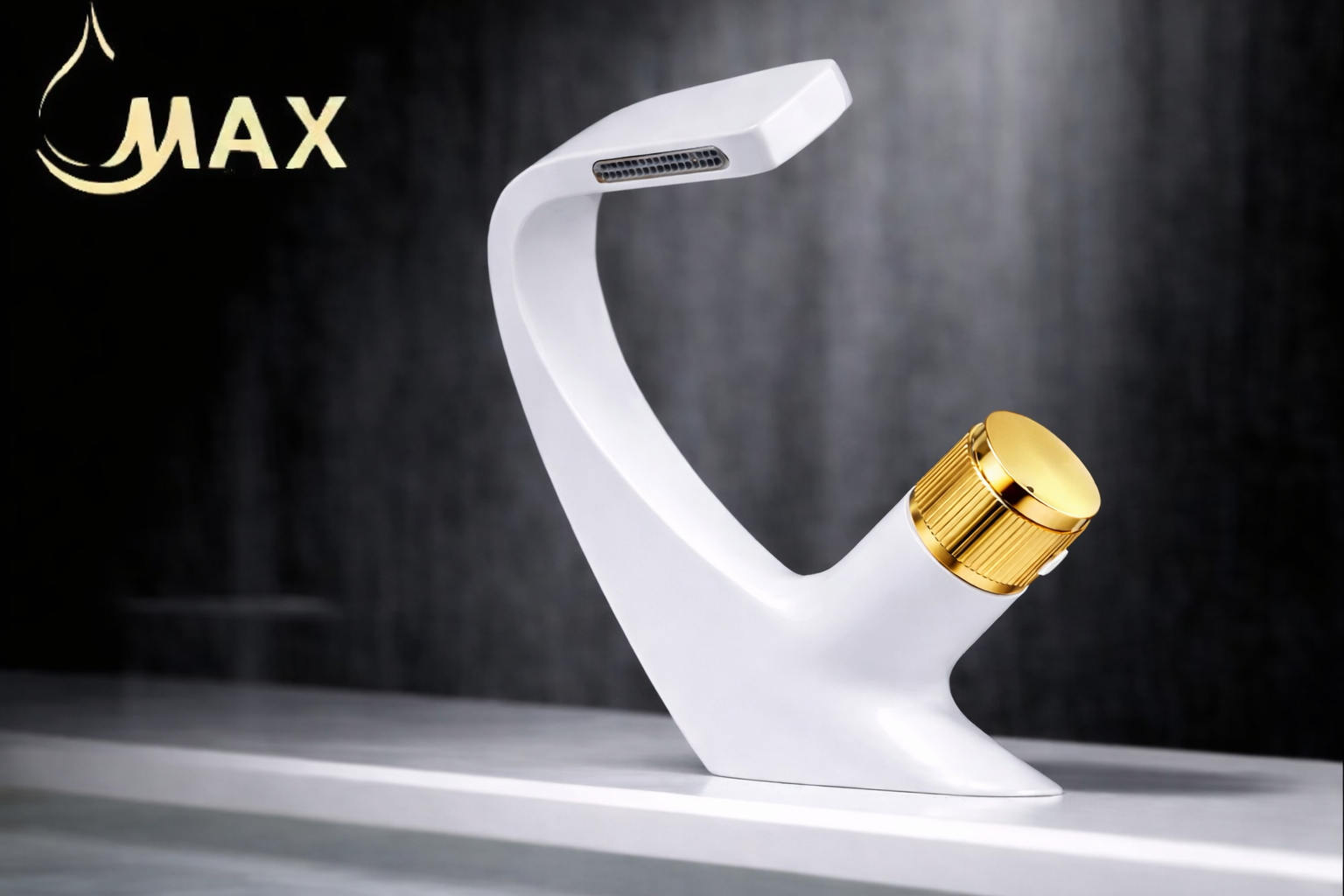 MAX Faucets® Side Knob Waterfall Bathroom Faucet – White Body with Shiny Gold Knob Contemporary Design