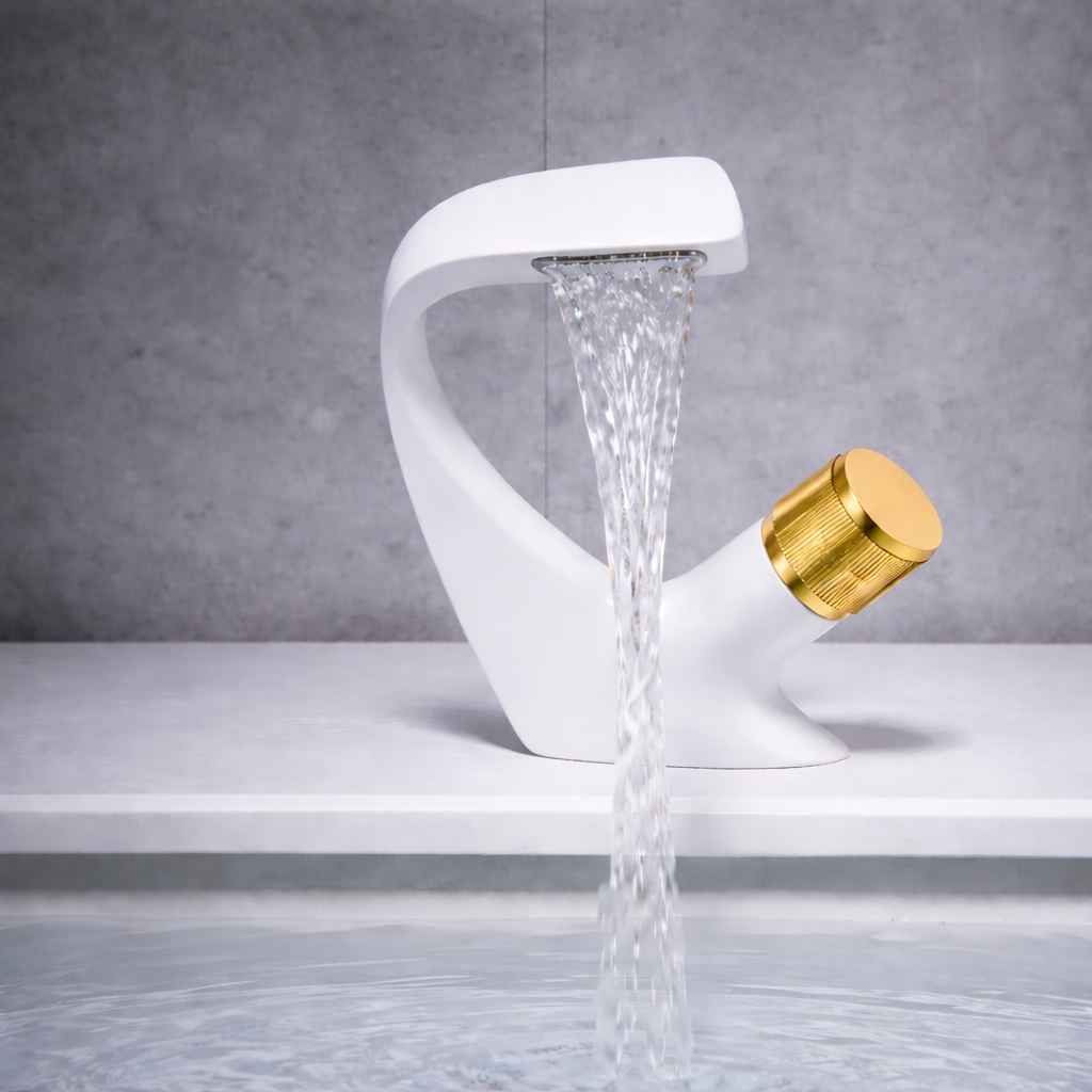 MAX Faucets® Side Knob Waterfall Bathroom Faucet – White Body with Shiny Gold Knob Contemporary Design