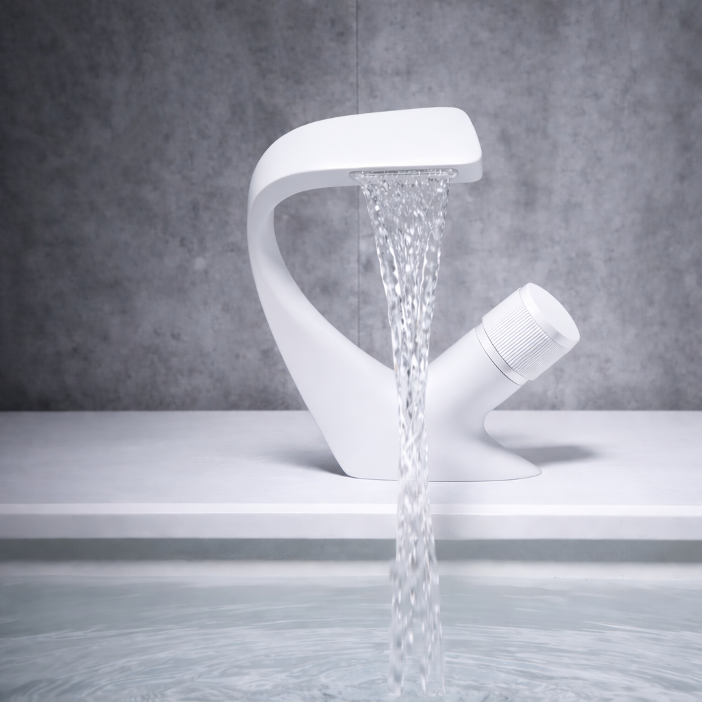 MAX Faucets® Side Knob Waterfall Bathroom Faucet – White Contemporary Design